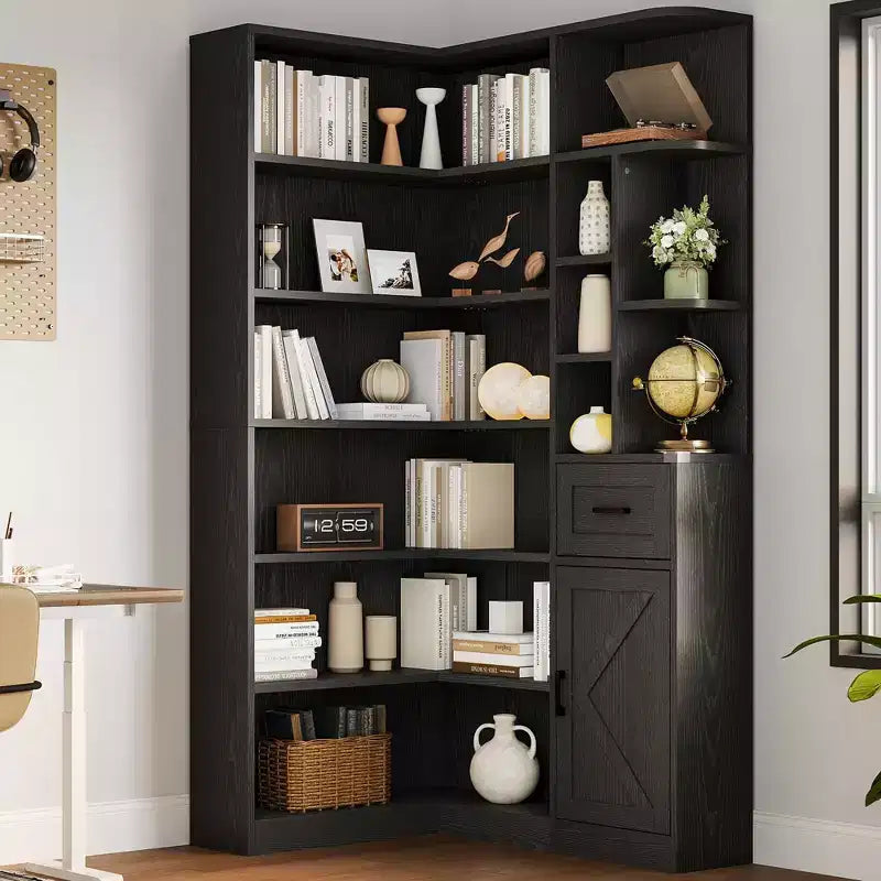 Étagère d'angle, étagères d'angle hautes de 74 po, bibliothèque en L à 6 niveaux avec étagères ouvertes et tiroirs de rangement pour le salon ou le bureau à domicile