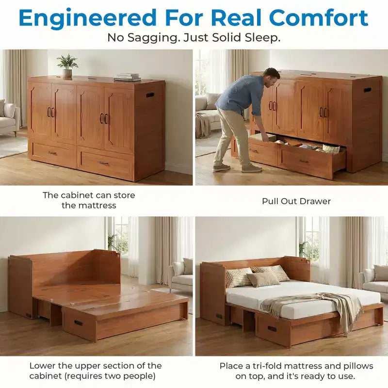 Mjkone Queen Size Convertible Murphy Cabinet Bed with USB Charging, Storage Drawers,No Mattress Included