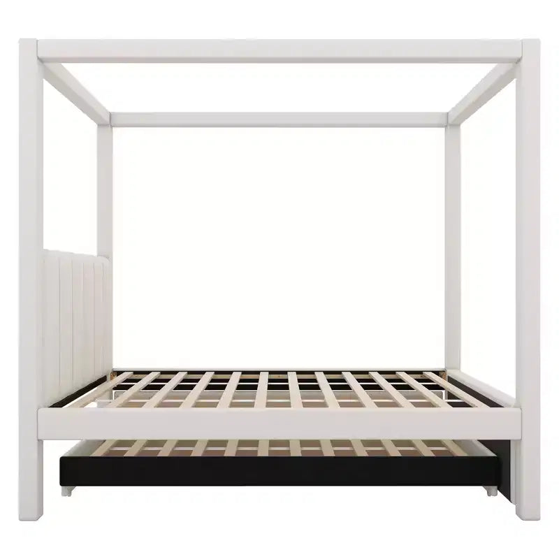 Full Size Linen Upholstery Canopy Platform Bed with Trundle and Three Storage Drawers