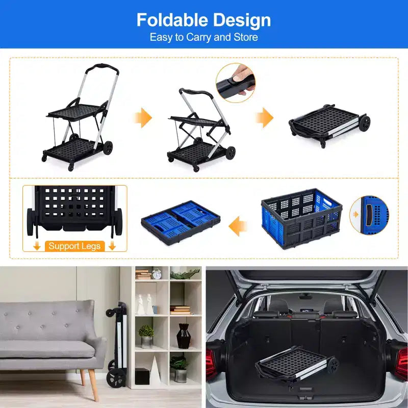 2 Tier Folding Shopping Carts for Groceries, 198 LB Capacity, Collapsible Portable Grocery Cart with Wheels & Removable Crate for Mall Market, Blue