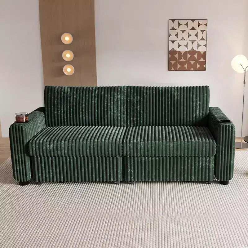 Dyonery 91 Sectional Sleeper Sofa Bed with Pull Out Bed,Reclining Backrest/Two Pull Out Beds/USB Ports/Cup Holders, Plush Corduroy