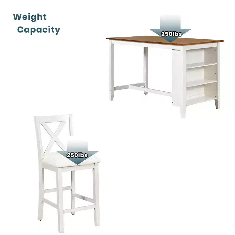 Homy Casa 5-Piece Counter-Height Dining Table and Chairs Set with Storage Shelves, White and Walnut  Modern Farmhouse Style