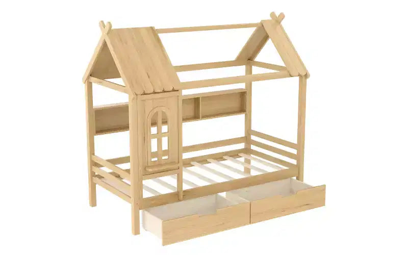 House Platform Bed with Storage Drawers and Window, Solid Wood Frame with Shelves, Childlike Fun Design, Light White
