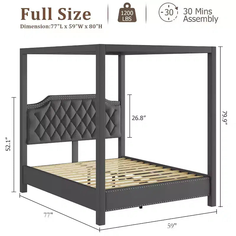 Queen Size Canopy Bed Frame with Poles 4 Corner Bed Bracket, Solid Wood Slats Support, No Box Spring Needed, Noise Free