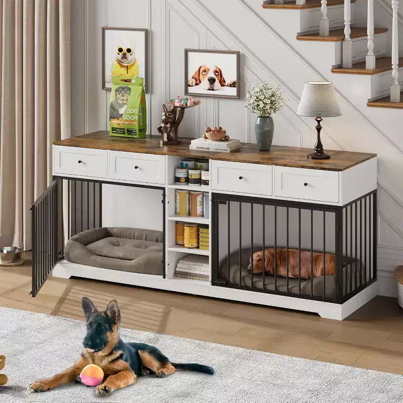 82 Double Dog Crate Furniture, Large Dog Kennel Indoor for 2 Dogs, Heavy Duty Wooden Dog Crate TV Stand with 4 Drawers and Shelves