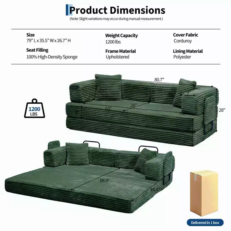 Canapé-lit convertible 5-en-1 80,7 po – Velours côtelé, 1200 lb, Aucun assemblage