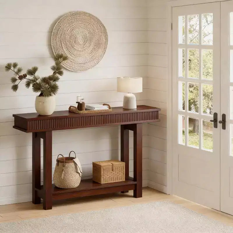 Fluted Wooden Console Table Farmhouse 2 Tier with Shelf Storage Rectangular Narrow Entryway Table Behind Couch for Foyer Hallway Living Room