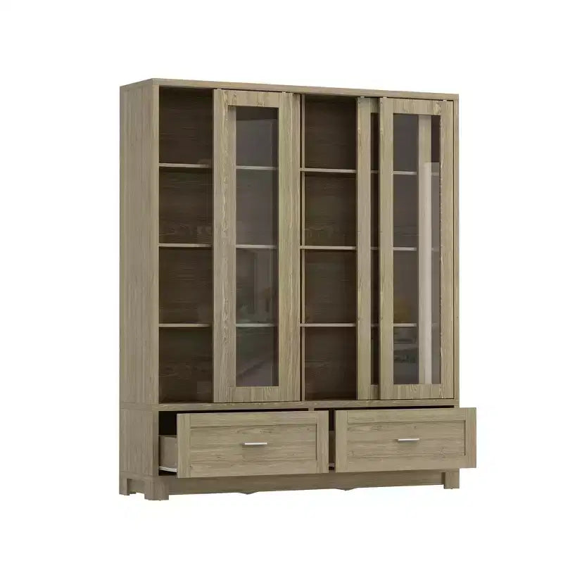 Famapy Light Oak-Grain Display Bookcase: 63W,Sliding Glass Doors + Drawer Storage  Spacious Organizer for Home Libraries & Living Rooms
