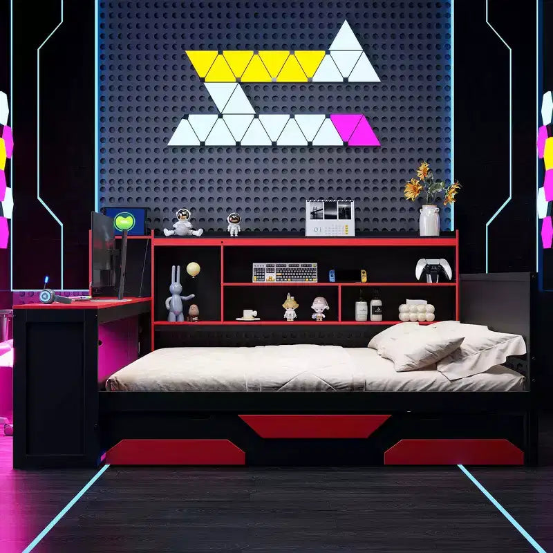 Full/Queen Gaming Daybed with Bookcase Headboard, LED Lights, Integrated Desk, Drawers and Charging Station
