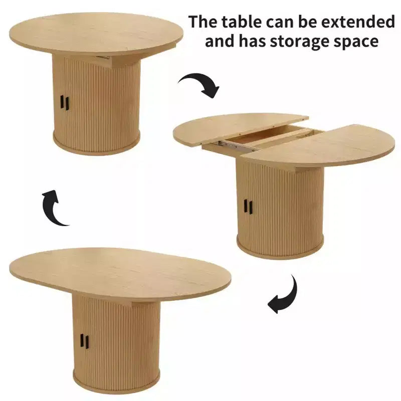 Dyonery 63 Extendable Round Kitchen Dining Room Table with 2-Tier Storage Shelf, with Pedestal Base, Wood Oval Circle Dinner Furniture, Walnut