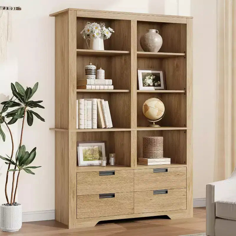 72 Tall Bookcase with 4 Drawers, Farmhouse Freestanding Storage Bookshelf for Bedroom, Living Room, Home Office