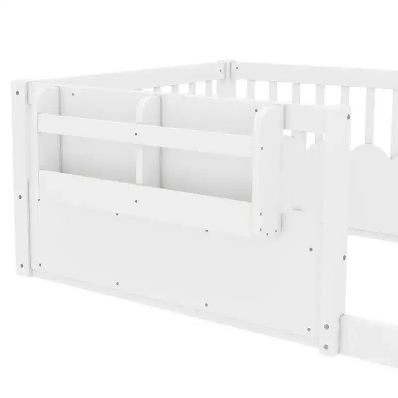 Bellemave Kids Floor Bed with Heightened Fence and Bookshelf, Wooden Twin Montessori Bed Frame for Girls Boys