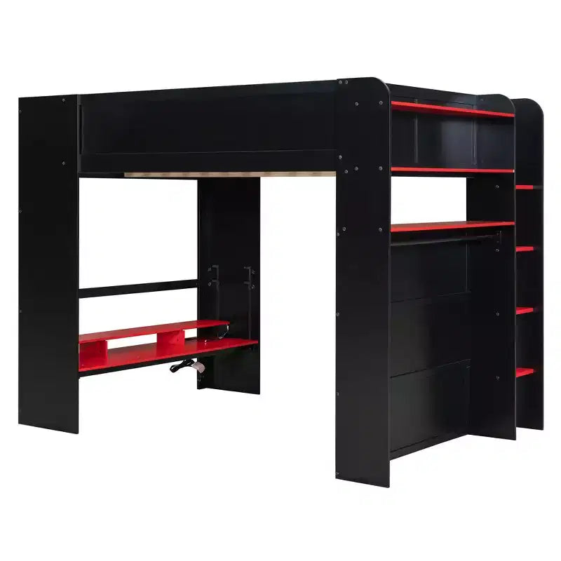 Luxystar Full Size Loft Bed With Lighted Adjustable Desk, Open Wardrobe and Bookcase