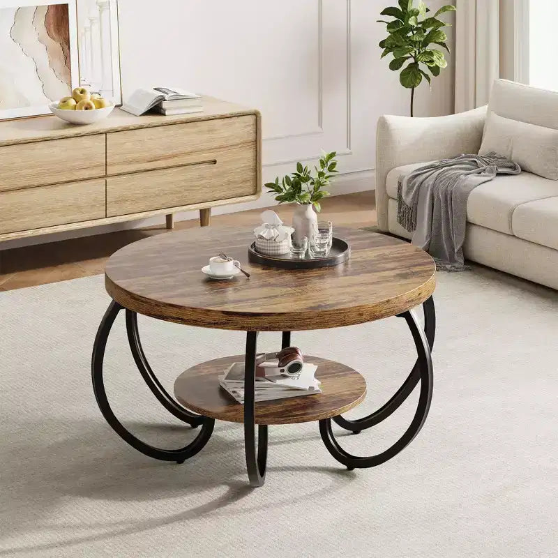 30 Inch Round Industrial Coffee Table 2-Tier with Adjustable Feet Wood Grain Shelf Flame Design Easy Assembly Living Room