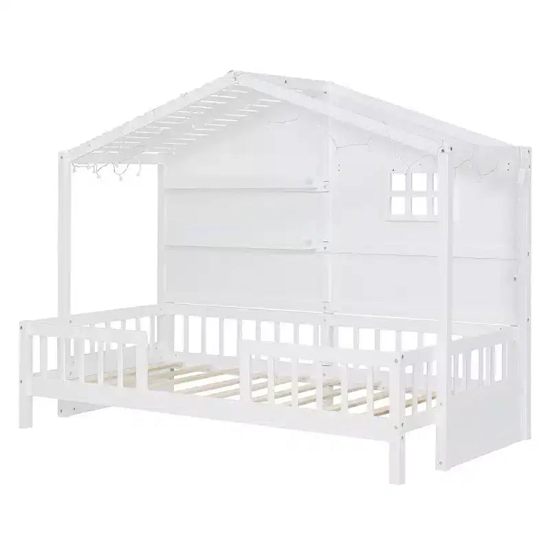 Lit cabane double avec étagères de rangement et barrières, cadre de lit Montessori en bois pour enfants avec fenêtre et bande lumineuse scintillante