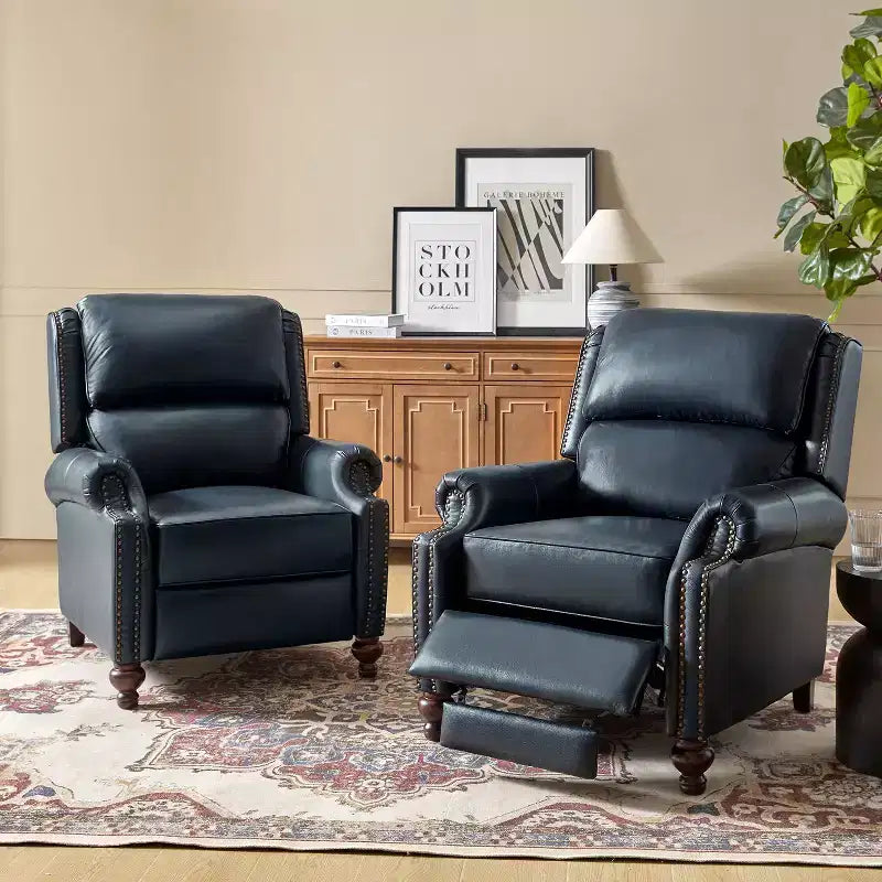 Set of 2 Elisabete Modern Wingback Genuine Leather Recliner with Vintage Nail Head Trim for Living Room and Bedroom| ART OF LIVING DESIGNS