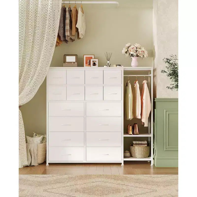 Dresser with 16 Drawers & Hanging Rod & Shelves, Fabric Storage Organizer for Bedroom, Closet, or Entryway