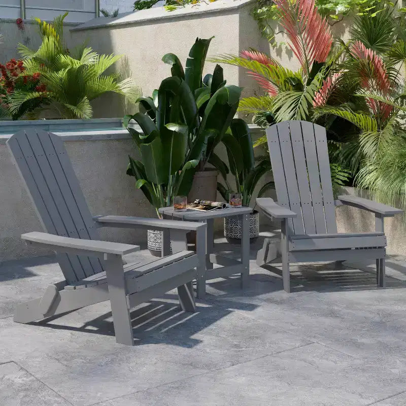 Flash Furniture 2 Pack Charlestown All-Weather Poly Resin Folding Adirondack Chairs with Side Table