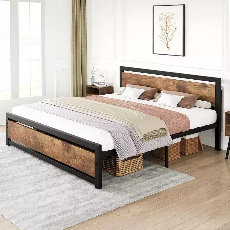 Heavy Duty Bed Frame with Headboard and Footboard, Metal Platform with 13.8 Storage, Noise Free & Tool-Free Assembly, Vintage Brown