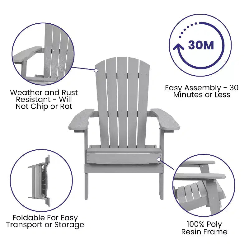 Merrick Lane Set of 2 Poly Resin Folding Adirondack Lounge Chair - All-Weather Indoor/Outdoor Patio Chair