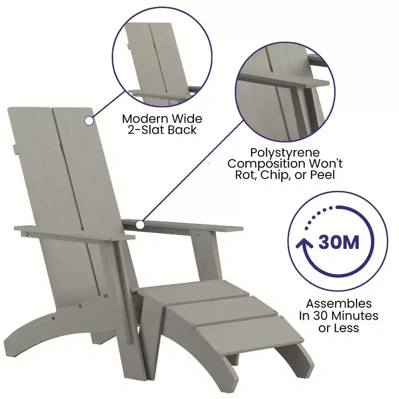 Chaise de patio Merrick Lane Adirondack moderne à lattes avec pouf assorti