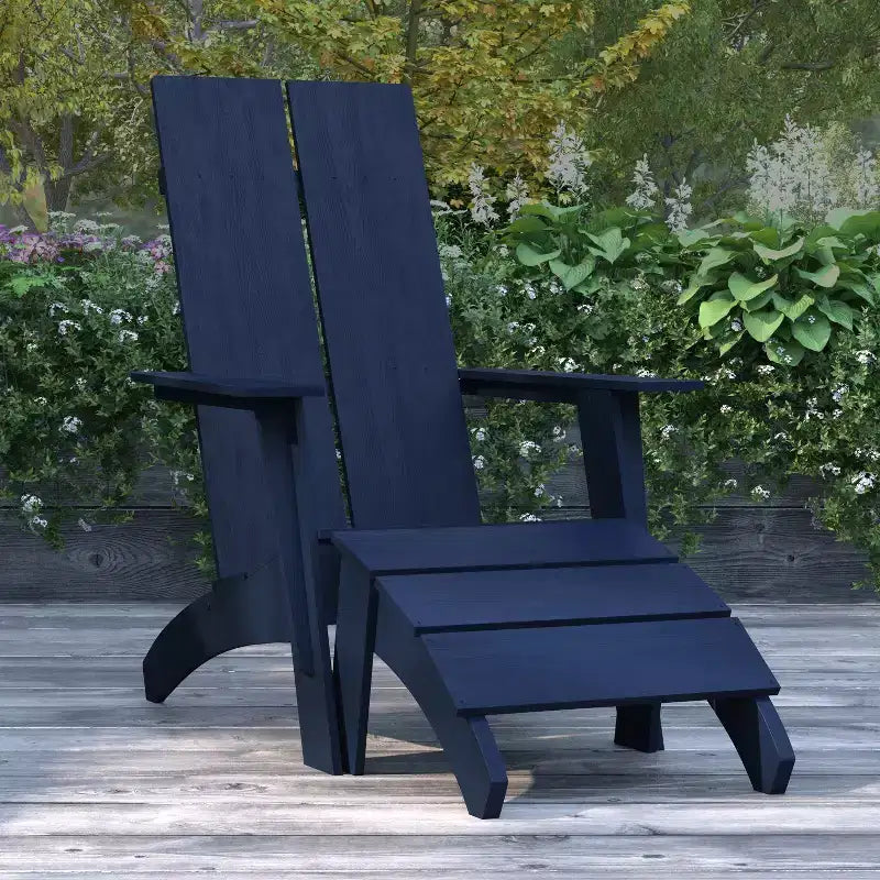 Chaise de patio Merrick Lane Adirondack moderne à lattes avec pouf assorti