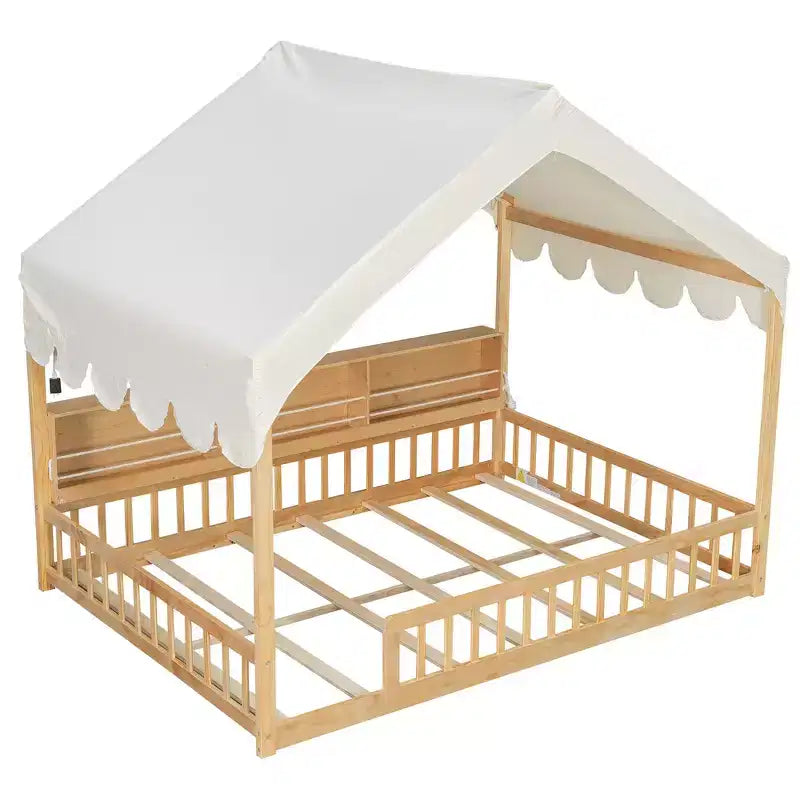 Whisen Full Size Wooden Floor Bed Frame, House-Shaped Daybed with Fense, 3 Storage Bookshelves, Curtain