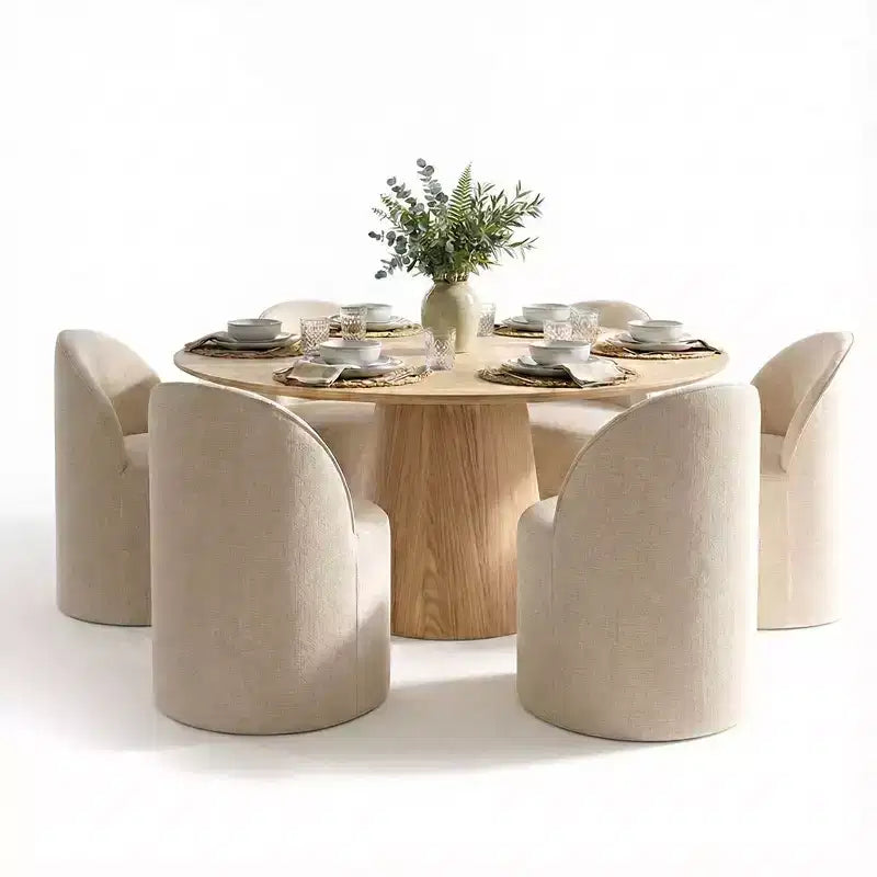 Modern Dining Table Set For 6, Round Pedestal Dining Table, Swivel Rolling Barrel Chairs With Wheels, Textured Chenille- Panipeachy