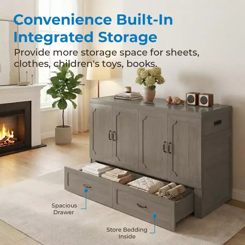Mjkone Queen Size Convertible Murphy Cabinet Bed with USB Charging, Storage Drawers,No Mattress Included