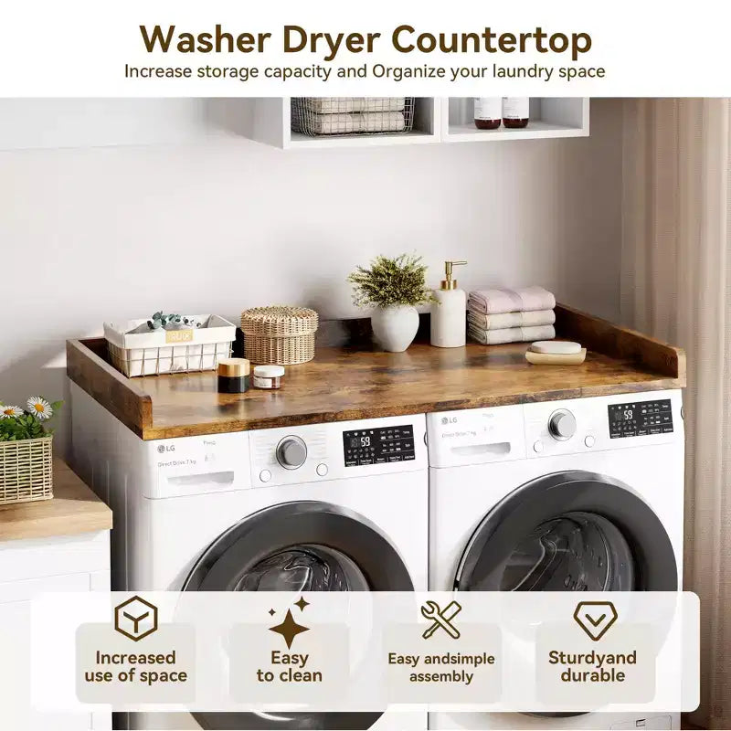 Washer Dryer Countertop, Laundry Topper with Raised Edge & Non-Slip Pad for Hamper Counter Storage & Laundry Room Organization