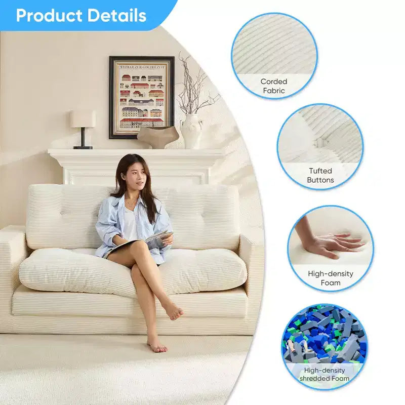 Mjkone 71'' 2-in-1 Convertible Futon Sofa Bed, Corded Fabric Foldable Tufted Buttons Loveseat Sleeper Sofa,Space-Saving