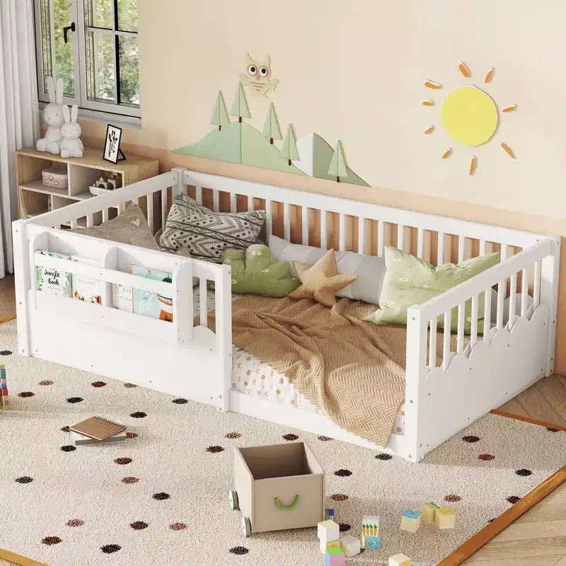 Bellemave Kids Floor Bed with Heightened Fence and Bookshelf, Wooden Twin Montessori Bed Frame for Girls Boys
