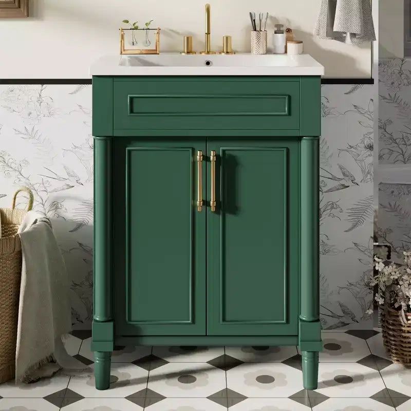 24 Bathroom Vanity with Ceramic Sink, Shaker Cabinet, 2 Soft-Close Doors, Solid Wood Frame for Small Bathroom or Powder Room