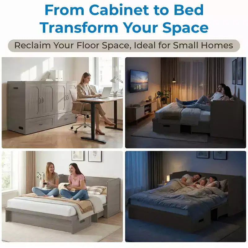 Mjkone Queen Size Convertible Murphy Cabinet Bed with Mattress, USB Charging, Storage Drawers