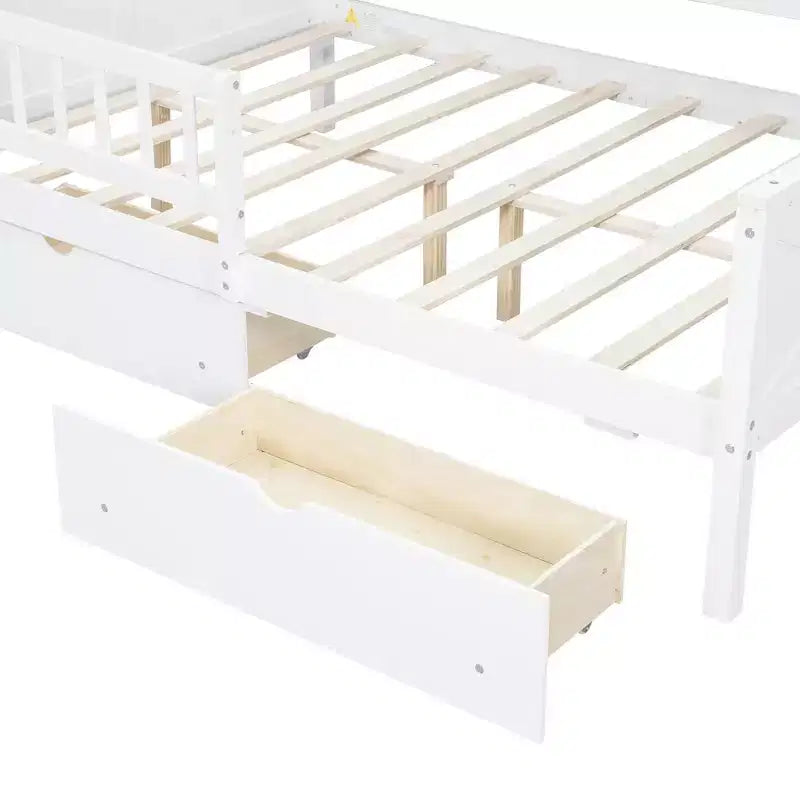 Full Size House Bed Frame with Drawers, House Platform Bed with LED Lights, Storage Shelves & Drawers, Wood Daybed with Roof and Guardrail