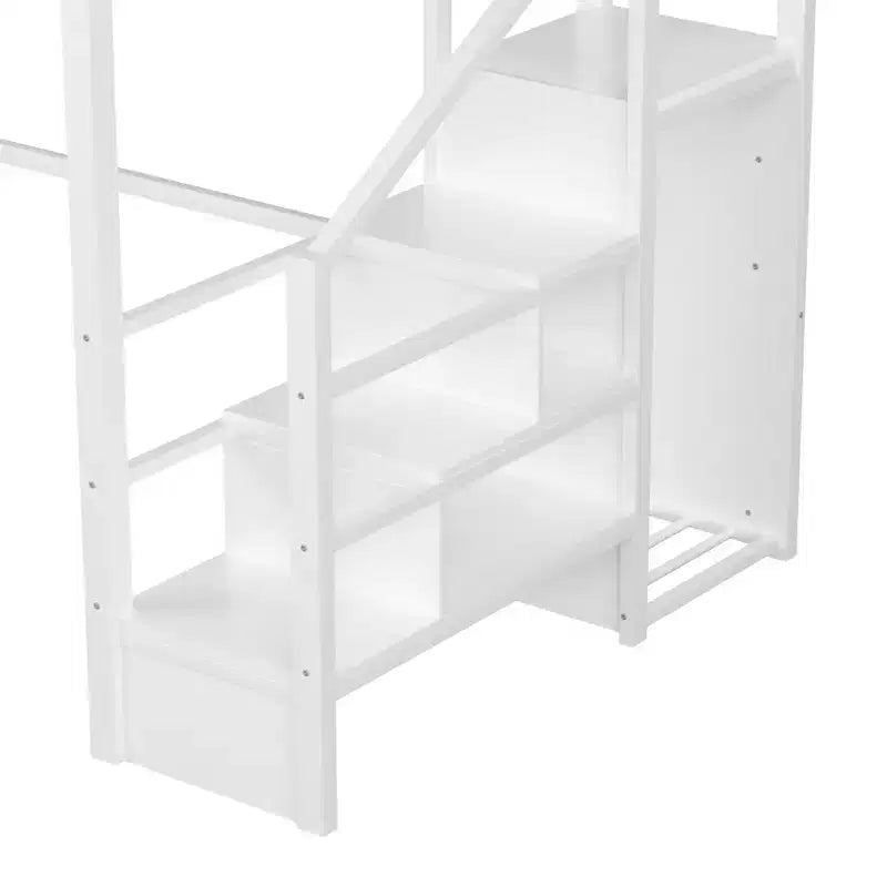 ModernLuxe Full/Queen Loft Bed with Stairs & Built-in Wardrobe, Metal Bed Frame with LED Lights, USB Charging Station & Storage Shelves