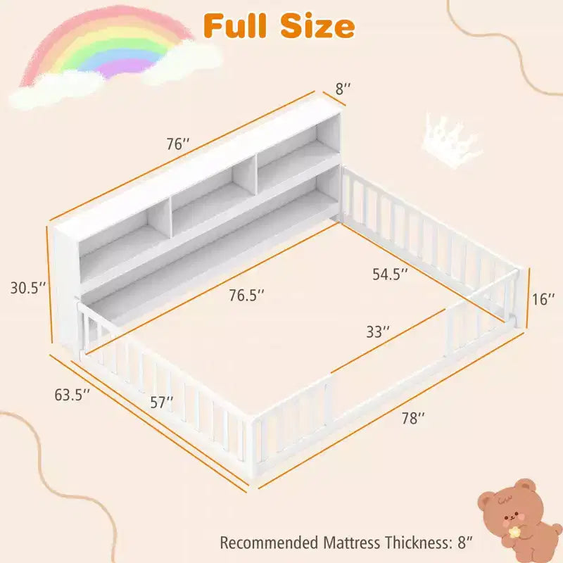 Twin/Full Size Montessori Floor Bed with Bookcase Storage Shelves & Safety Fence Rails White/Gray