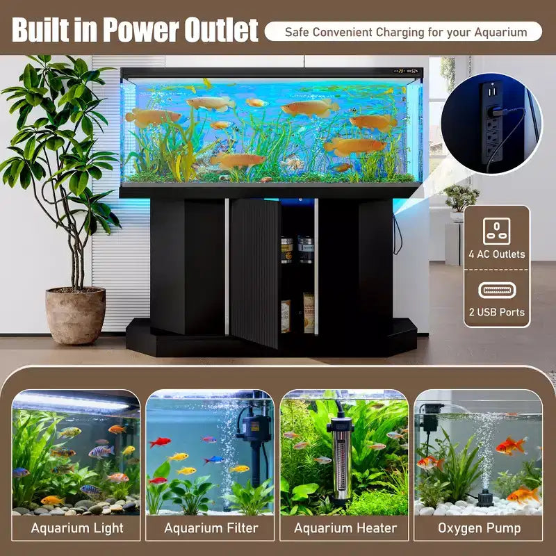 GDFStudio Logan Modern Wood Aquarium Stand with Power Outlet and Storage Cabinet