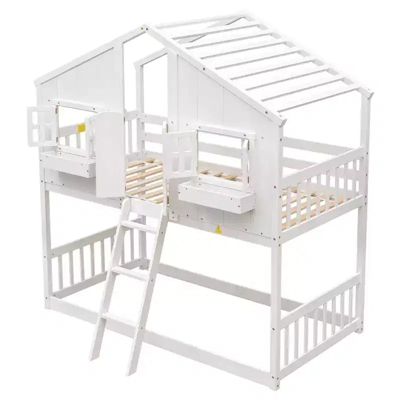 Twin Size House-Shaped Loft Bed, Wood Playhouse Loft Bed with Ladder & Guardrails for Kids