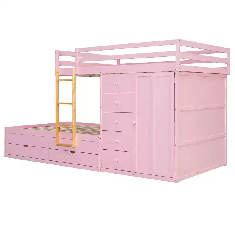 Full Over Full Modern Bunk Bed With Built In Closet And 7 Storage Drawers