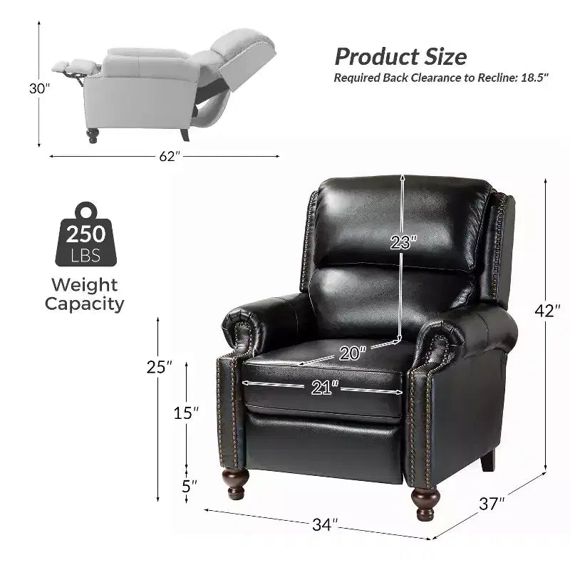 Set of 2 Elisabete Modern Wingback Genuine Leather Recliner with Vintage Nail Head Trim for Living Room and Bedroom| ART OF LIVING DESIGNS