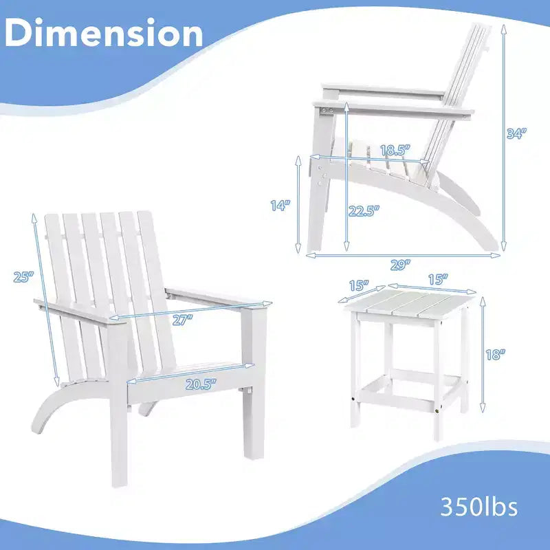 Costway Ensemble 3 Pièces Chaise Adirondack Patio Table d'appoint Bois Massif Jardin Terrasse Blanc