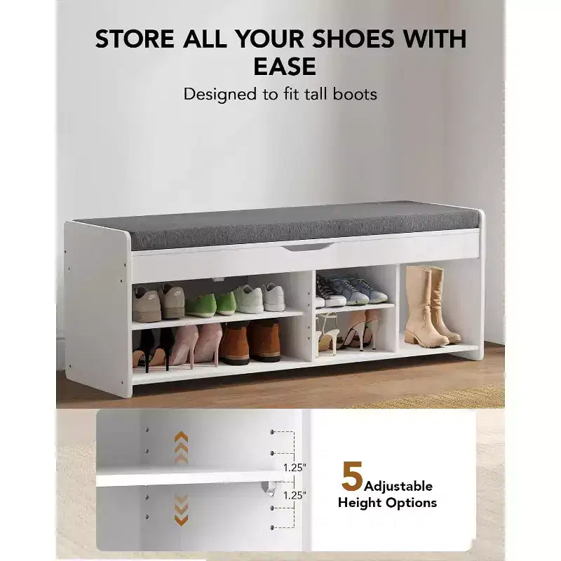 Shoe Storage Bench, 47.2 In Long Entryway Bench with Cushioned Seat Lift Top Storage, 4 Doors, 300 lbs Capacity, Bench with Shoe Rack for Entryway