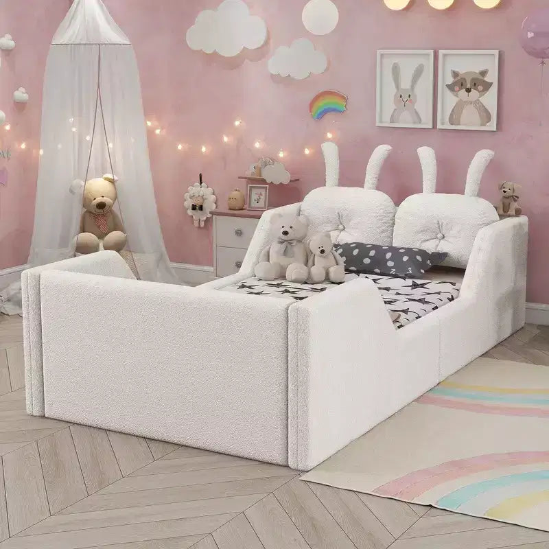 Whisen Twin Platform Bed, Kids Floor Upholstered Bed Frame with Rabbit Cushion, Removable Side Rails