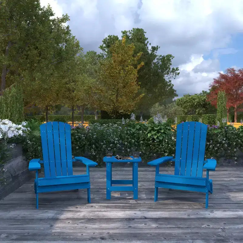 Merrick Lane Set Of Two Folding Adirondack Patio Chairs With Matching Outdoor Side Table