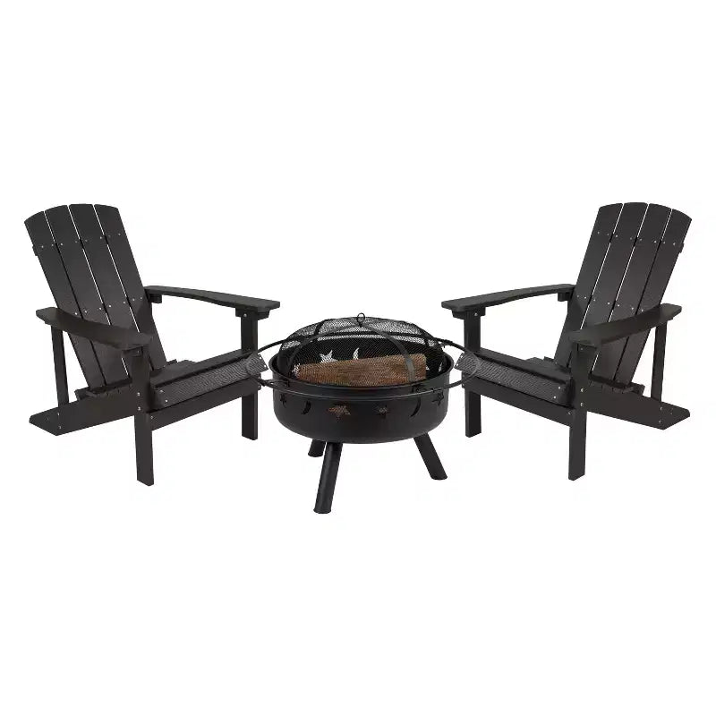 Flash Furniture 3 Piece Charlestown Poly Resin Wood Adirondack Chair Set with Fire Pit - Star and Moon Fire Pit with Mesh Cover