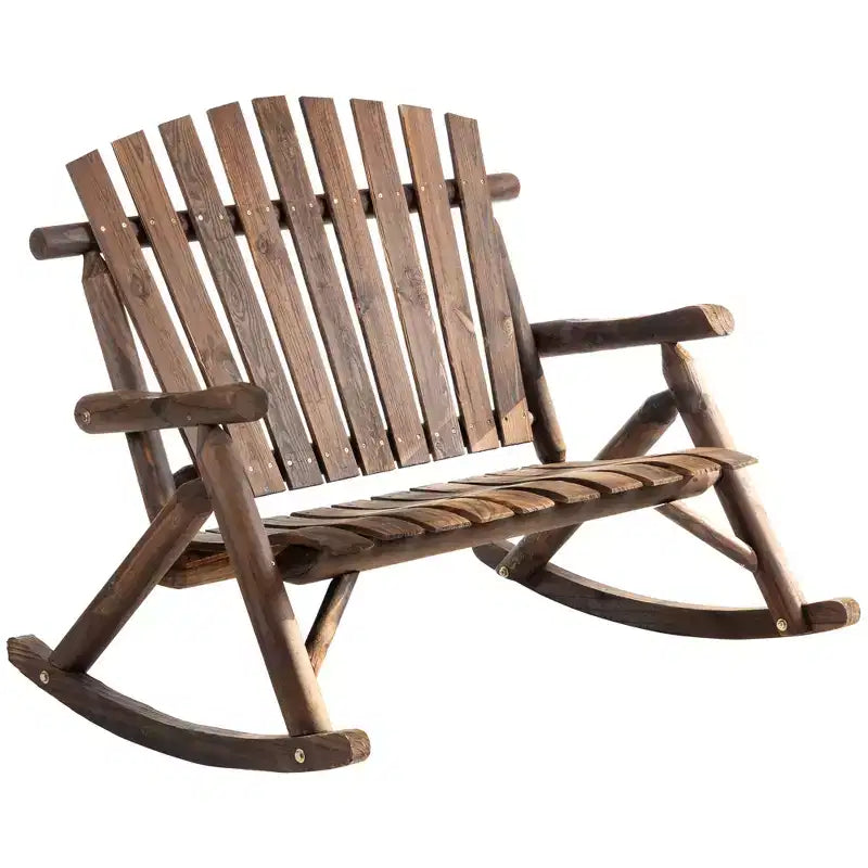 Outsunny Outdoor Adirondack Rocking Chair with Log Slatted Design, 2-Seat Patio Wooden Rocker Loveseat with High Back for Lawn Backyard Garden