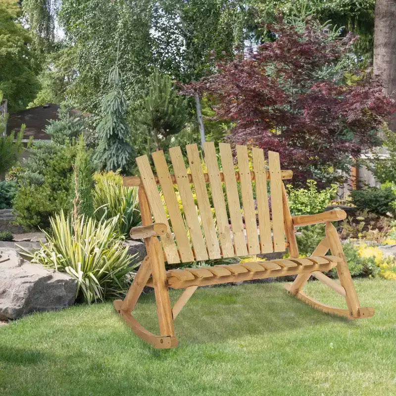 Outsunny Outdoor Adirondack Rocking Chair with Log Slatted Design, 2-Seat Patio Wooden Rocker Loveseat with High Back for Lawn Backyard Garden