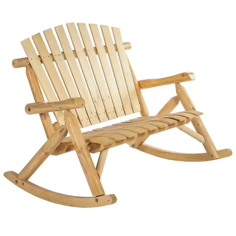 Outsunny Outdoor Adirondack Rocking Chair with Log Slatted Design, 2-Seat Patio Wooden Rocker Loveseat with High Back for Lawn Backyard Garden