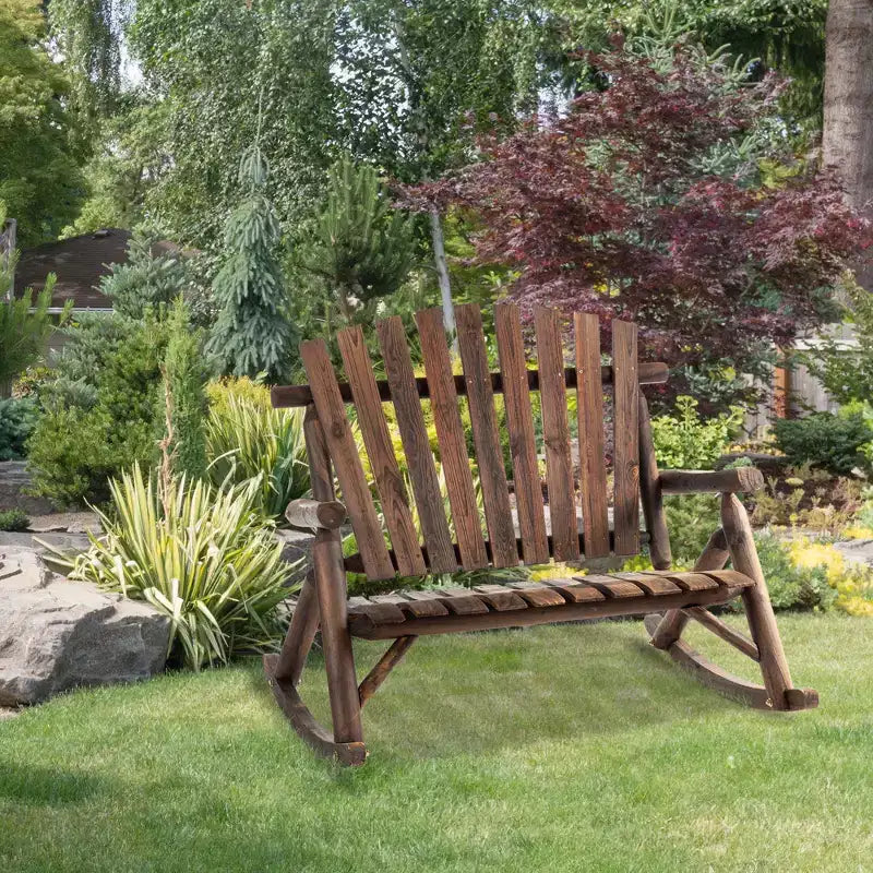 Outsunny Outdoor Adirondack Rocking Chair with Log Slatted Design, 2-Seat Patio Wooden Rocker Loveseat with High Back for Lawn Backyard Garden